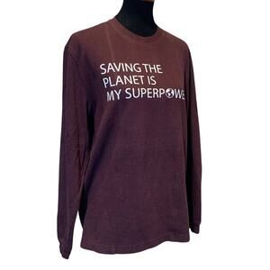 Hand Printed Upcycled Mens Medium Saving the Planet is My Superpower Sweater
